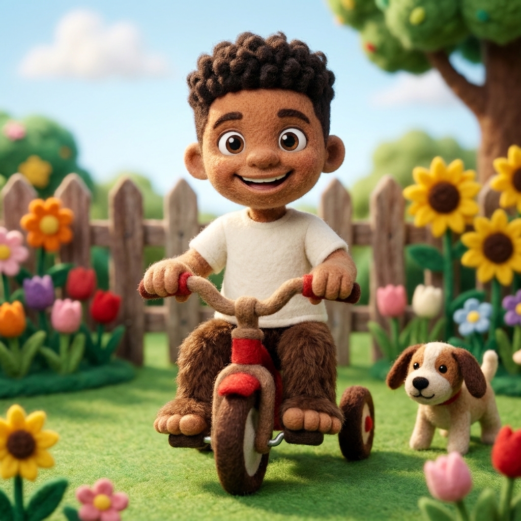 Brooklyn riding his felt tricycle through a garden with a puppy