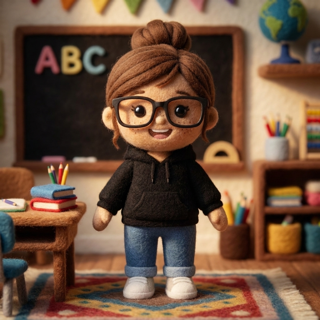 Jenbug teaching in a cozy felt classroom