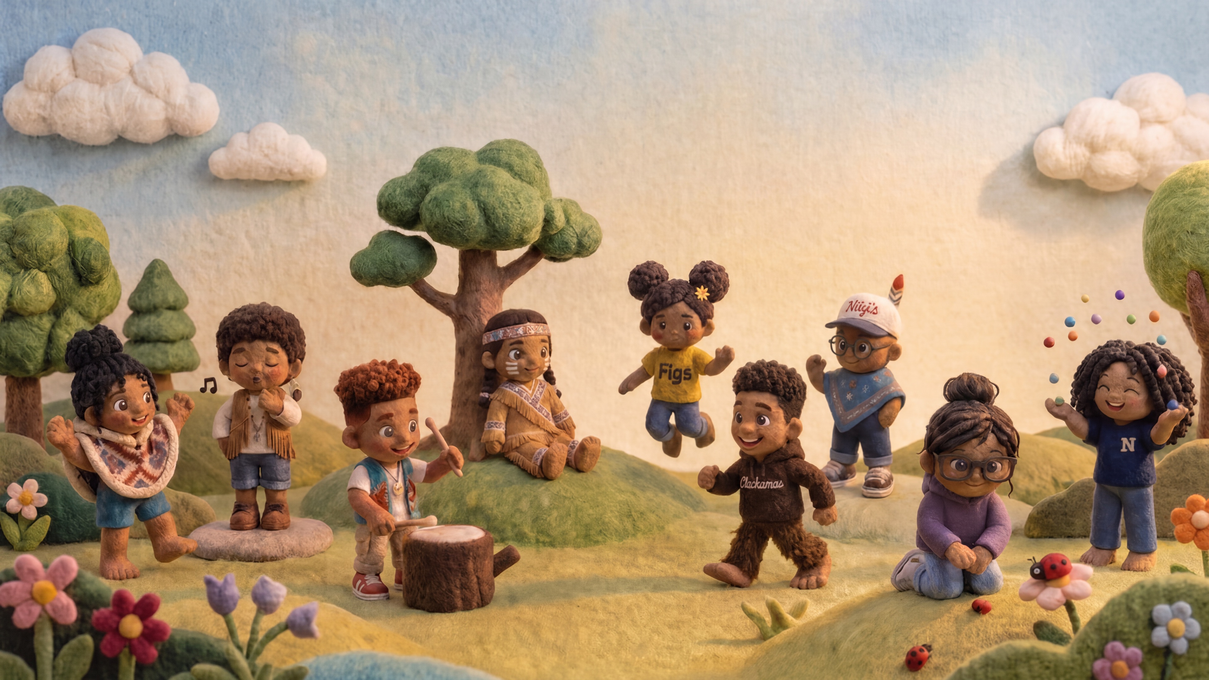 The Little Niijis plush cast in the meadow — point at a friend and they move