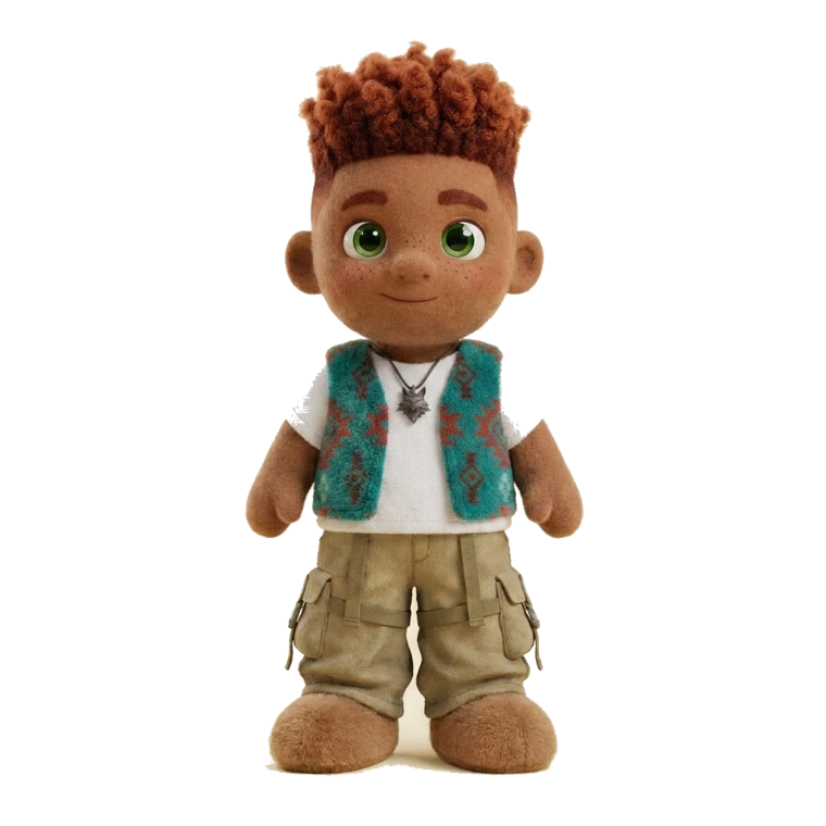 Tula Wolf, a plush doll with red curly hair and a teal vest — tap her for a surprise