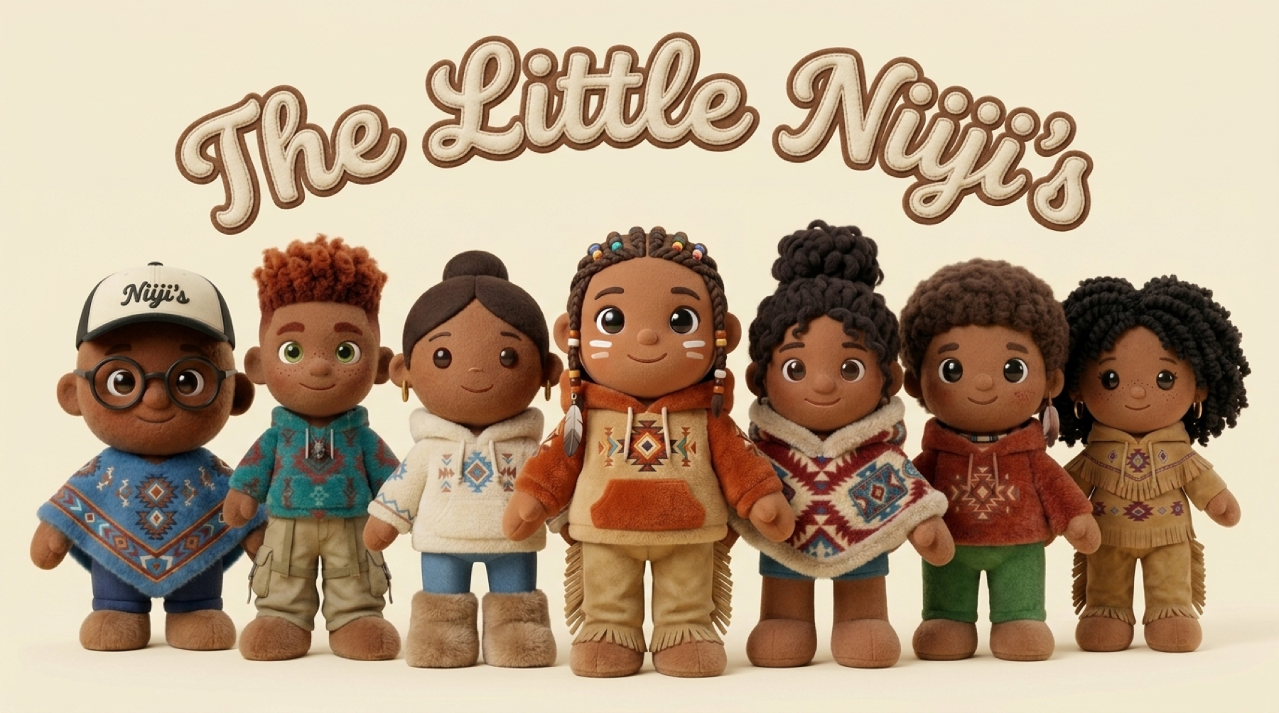The seven Little Niijis plush friends together on a cream stage